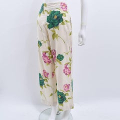 Yohji Yamamoto Beige Flower Print Cotton Wide Leg Trousers with Back Details