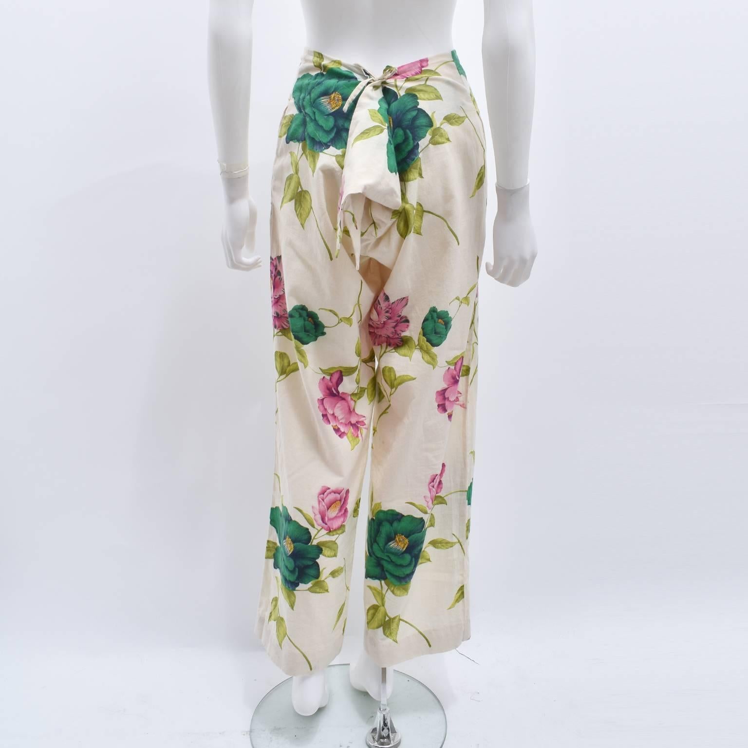 Women's Yohji Yamamoto Beige Flower Print Cotton Wide Leg Trousers with Back Details For Sale