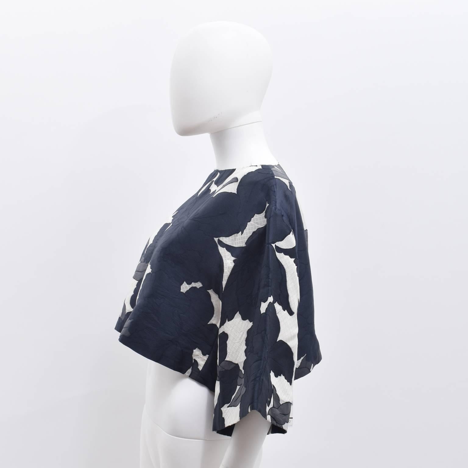 Black Chloe Cropped Dark Blue and White Jacquard Floral Print Top 