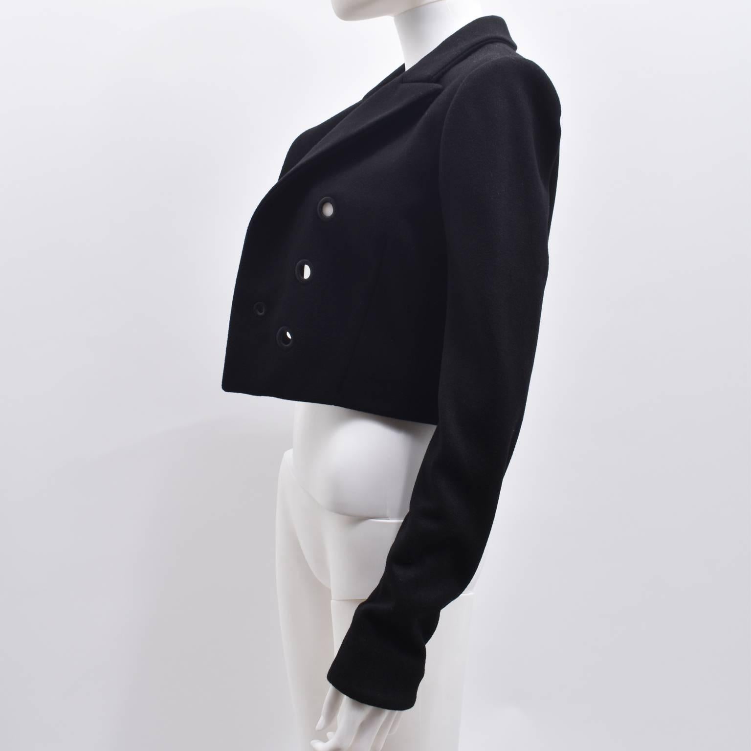 Thierry Mugler Black Wool Cropped Open Jacket with Embroidered Circle Eyelet Det In Excellent Condition In London, GB