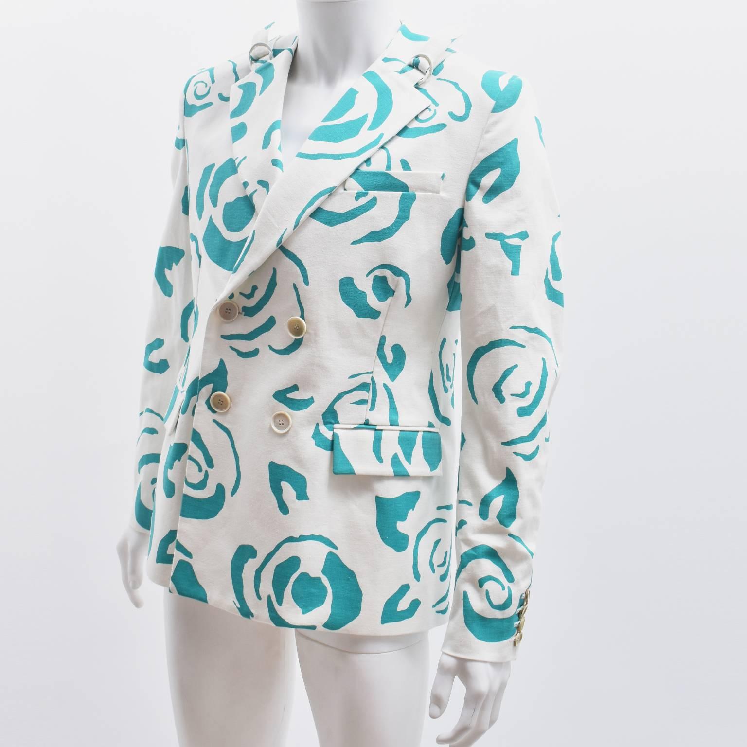 Gray J.W. Anderson White Double Breasted Jacket with Green Rose Print and Buckles For Sale