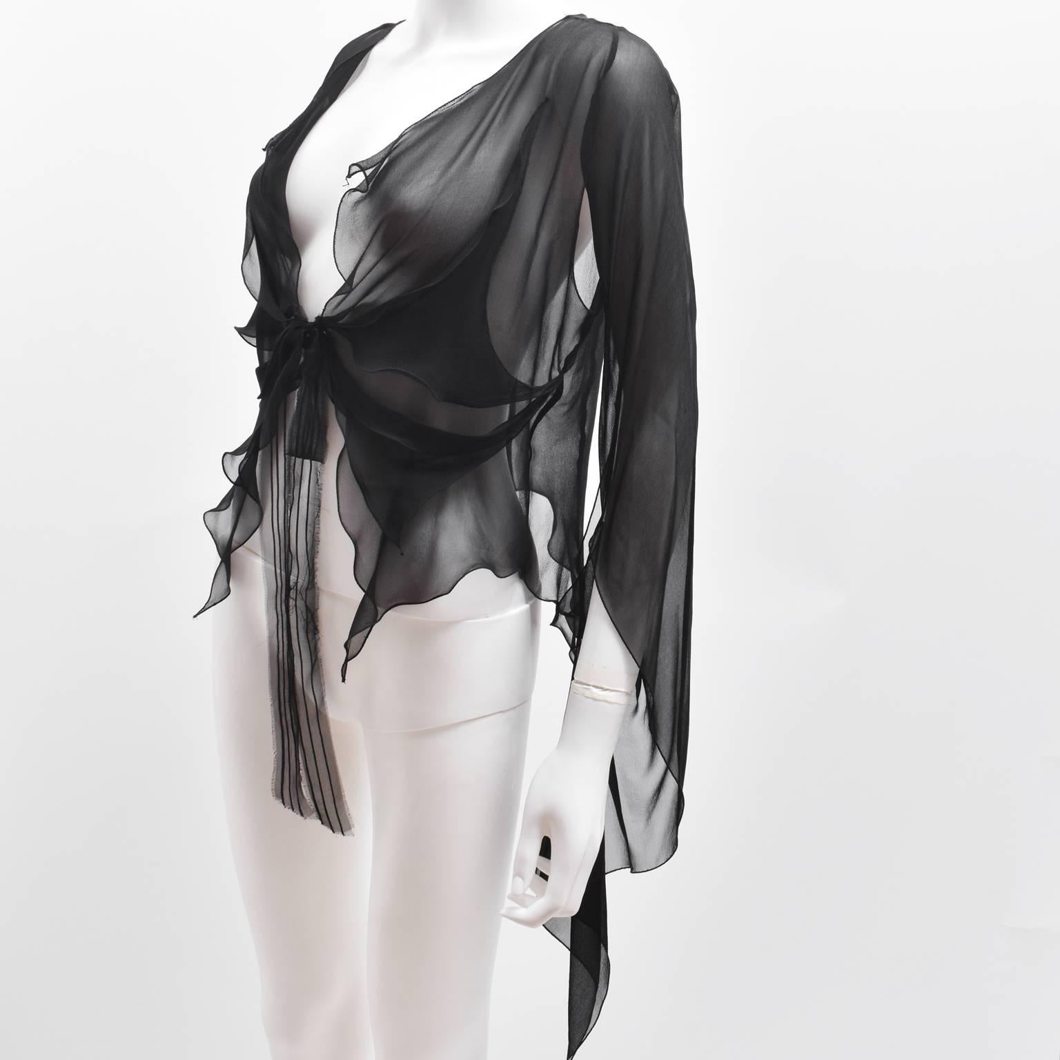 Roland Mouret Black Sheer Silk Tie Blouse with Cut-Out Details c.2010 In Excellent Condition For Sale In London, GB