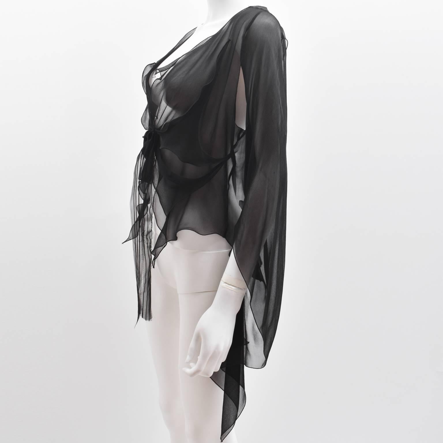 Women's Roland Mouret Black Sheer Silk Tie Blouse with Cut-Out Details c.2010 For Sale