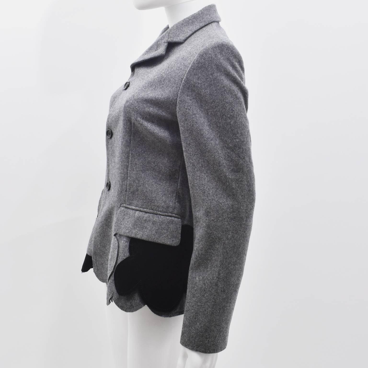 Comme des Garcons Grey Wool Blazer with Scalloped Hem & Black Velvet Panels  In Excellent Condition In London, GB