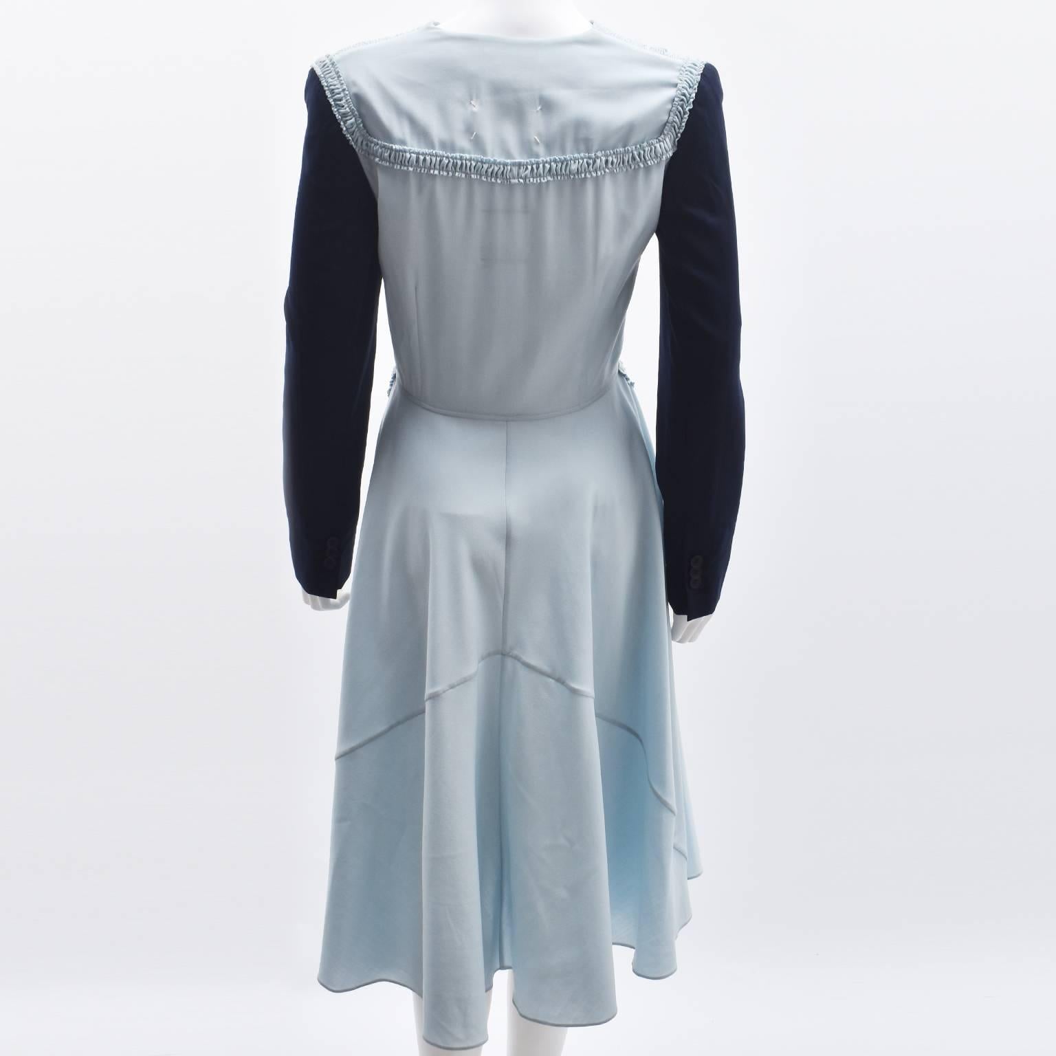 Gray Margiela Light Blue Tailored Ruffle Dress with Contrast Navy Sleeves For Sale