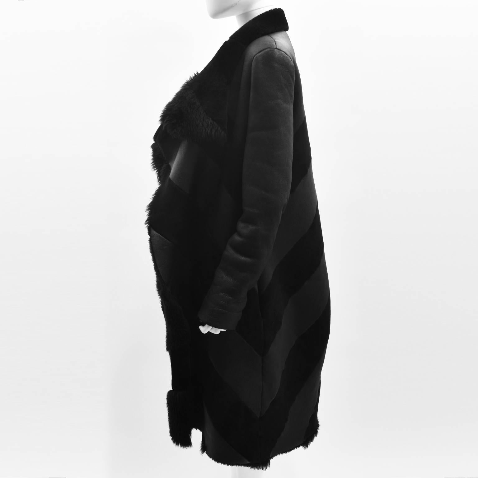 Gareth Pugh Black Open Drape Sheepskin Coat with Diagonal Stripes A/W 11 In Excellent Condition In London, GB