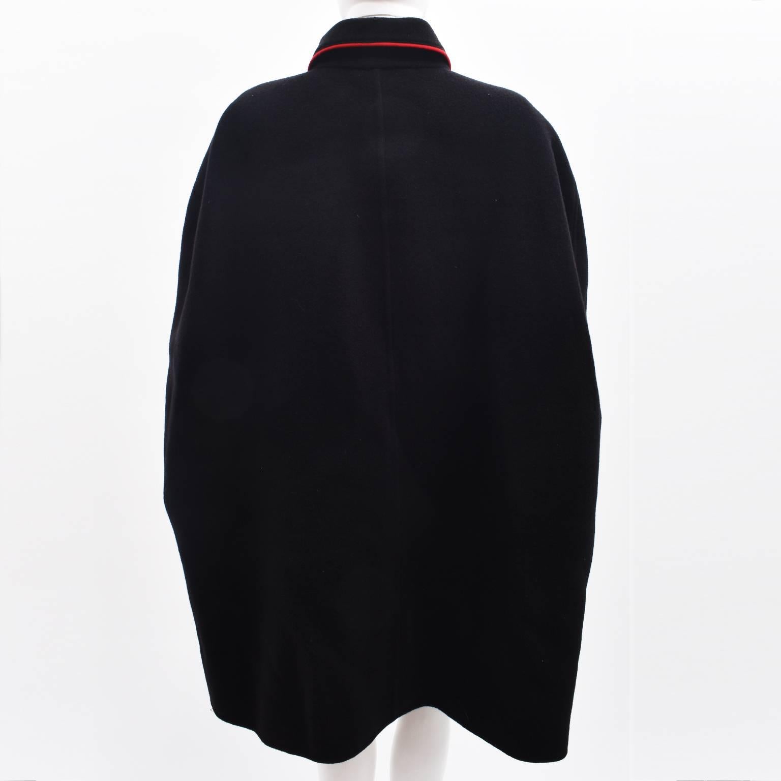 Women's Burberry Black Wool Winter Cape with Red Piping and Brass Buttons