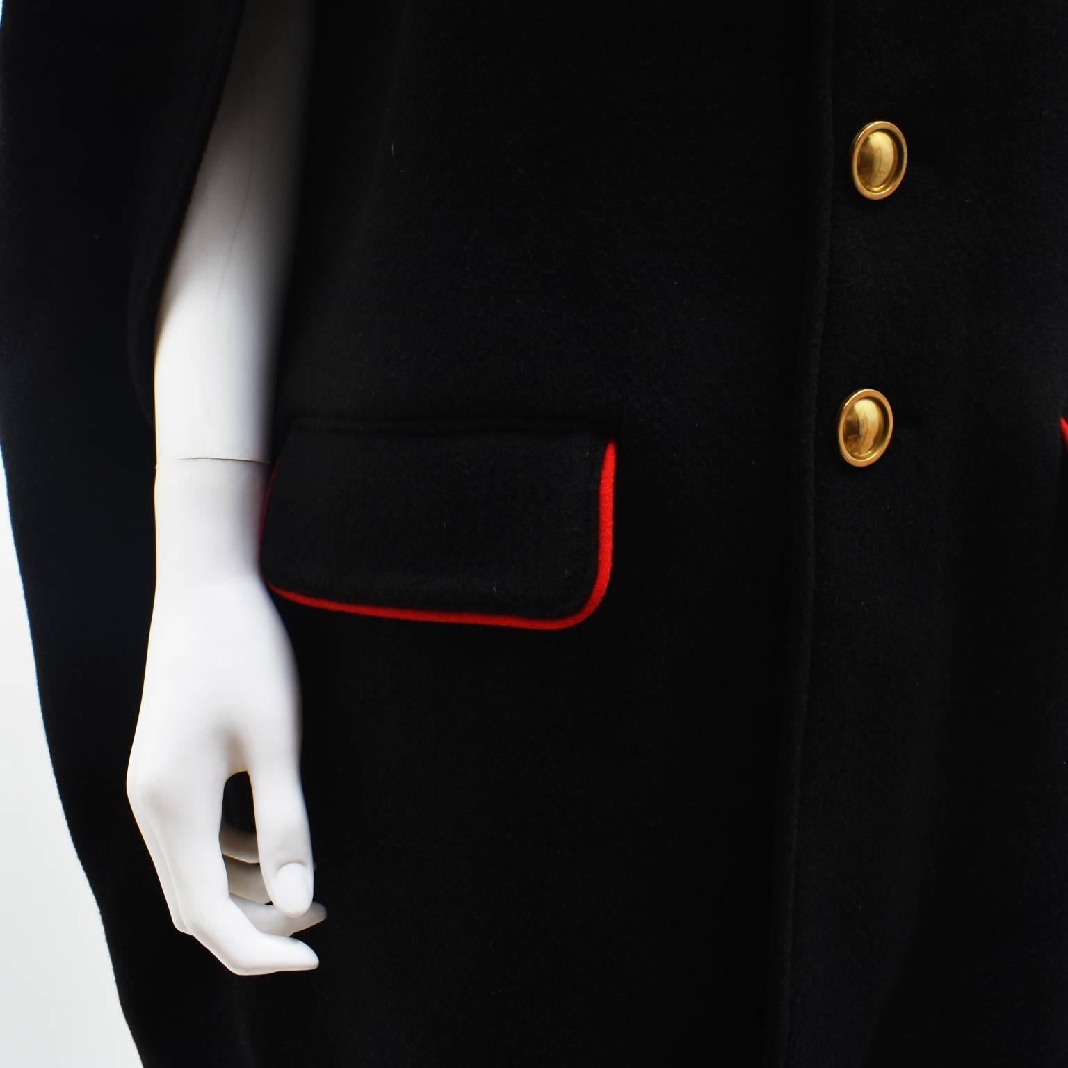 Burberry Black Wool Winter Cape with Red Piping and Brass Buttons 1
