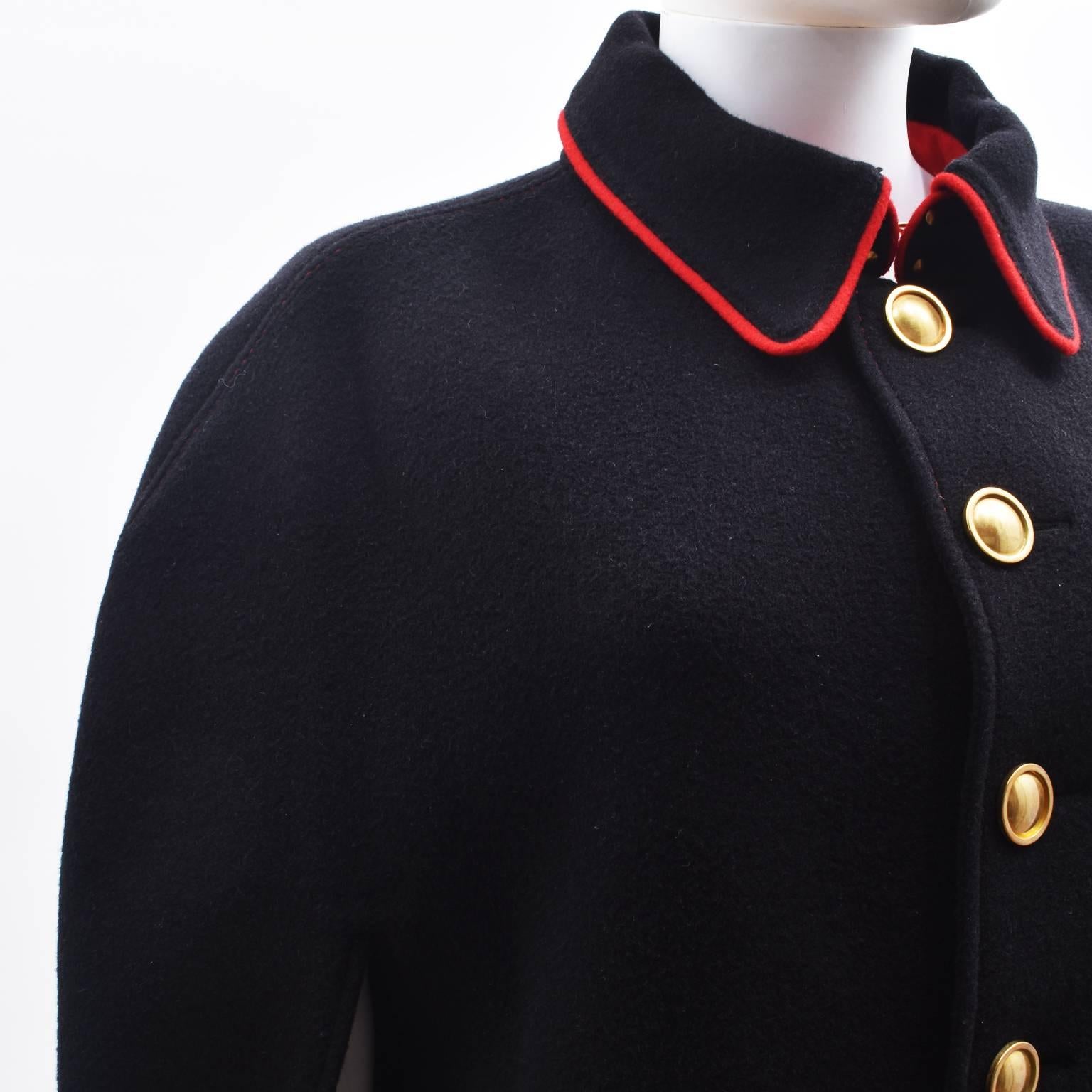 Burberry Black Wool Winter Cape with Red Piping and Brass Buttons 2