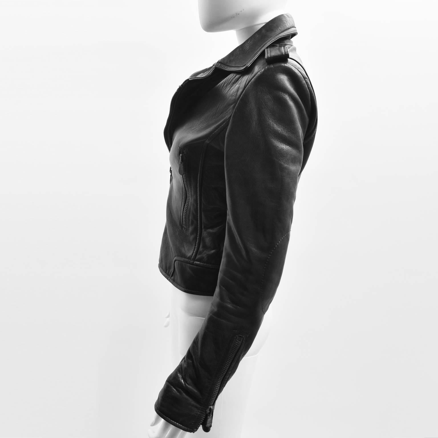 Balenciaga Black Leather Cropped Biker Jacket In Good Condition In London, GB