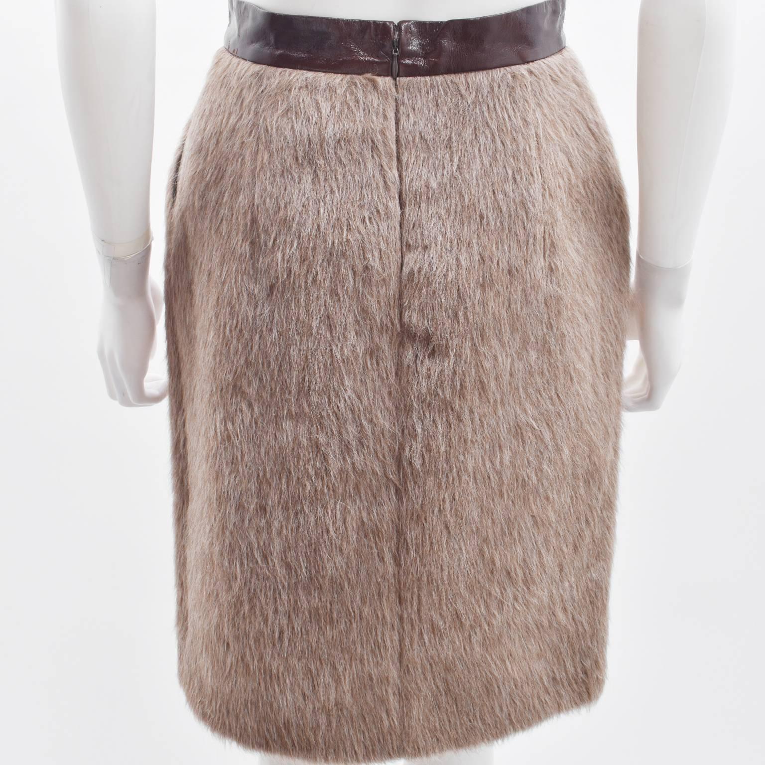 Gray Celine Camel Faux Fur Skirt with Maroon Patent Leather and Khaki Leather Pockets For Sale