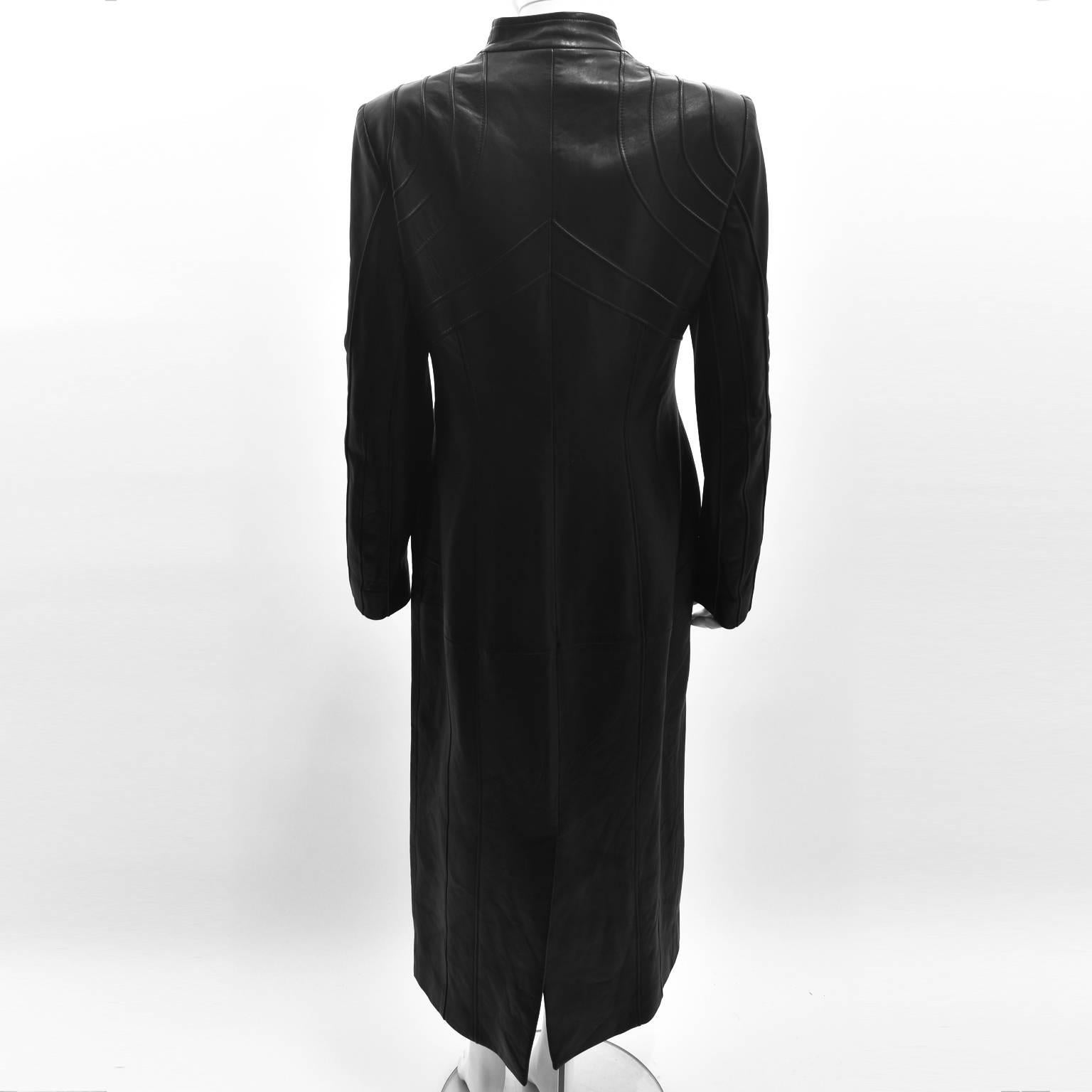 Women's Thierry Mugler Black Leather Long Coat 1990’s  For Sale