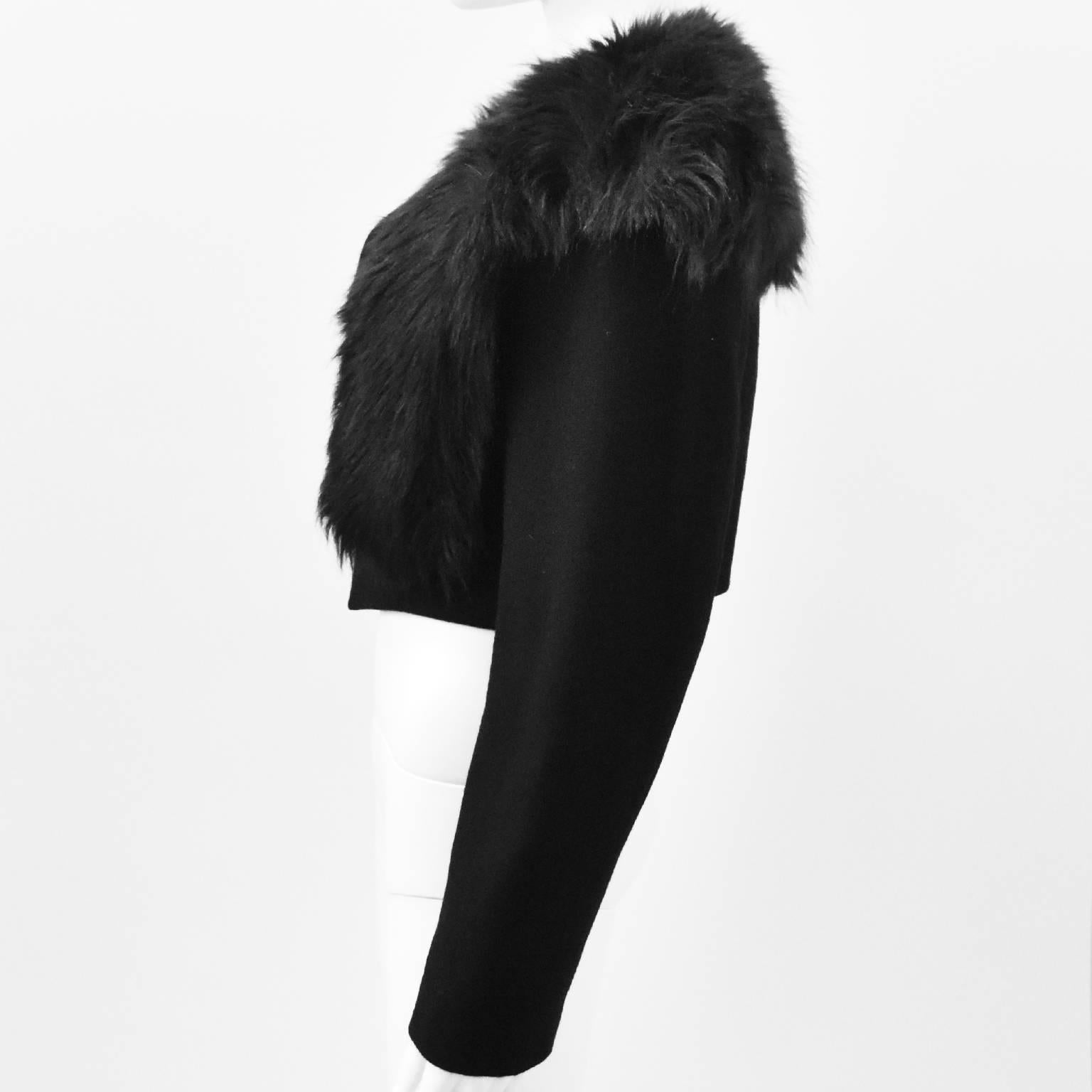 Comme des Garcons Black Cropped Jacket with Faux Fur Collar Details  In Excellent Condition For Sale In London, GB
