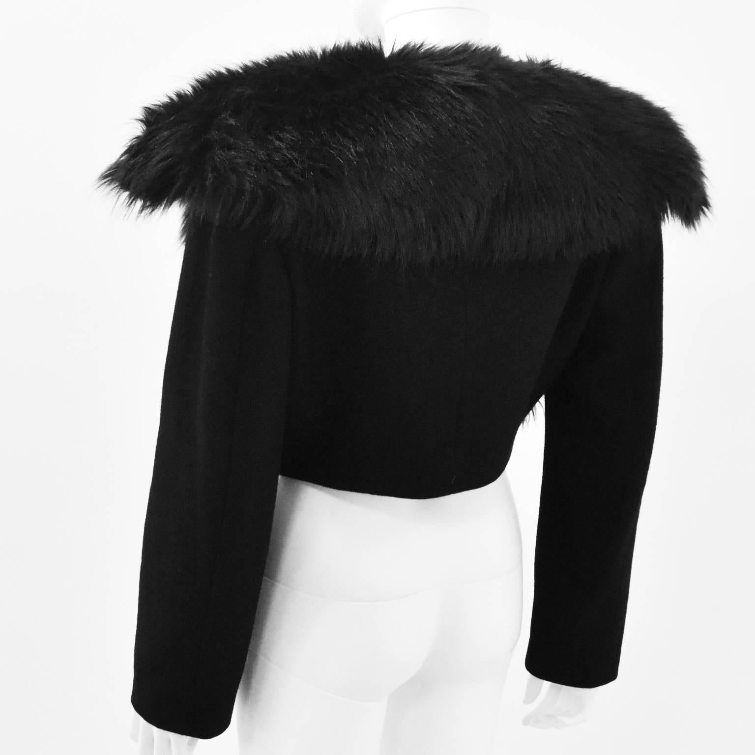 Women's Comme des Garcons Black Cropped Jacket with Faux Fur Collar Details  For Sale