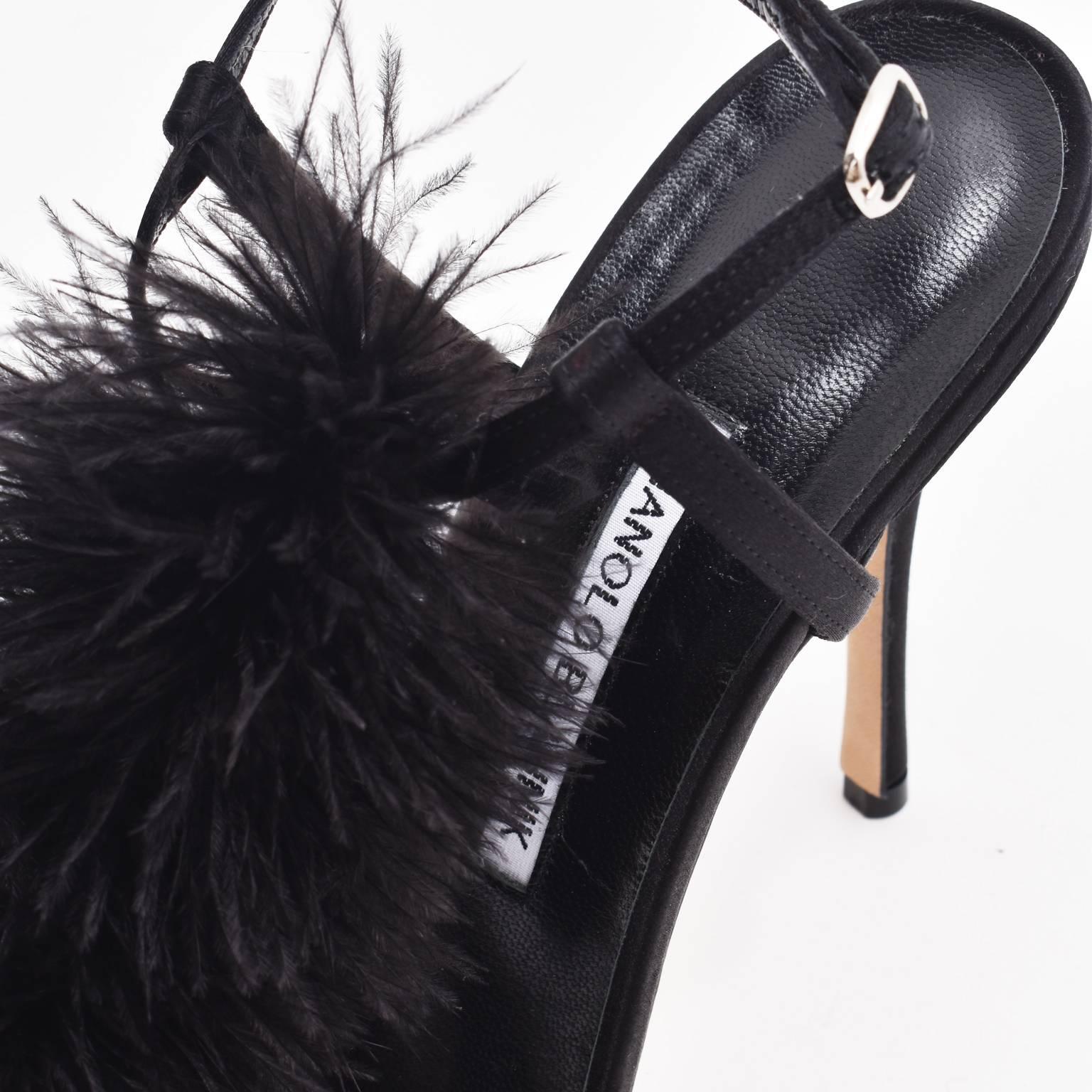 Manolo Blahnik ‘Eila’ Black Leather and Ostrich Feather Detail Stiletto Heels In New Condition In London, GB