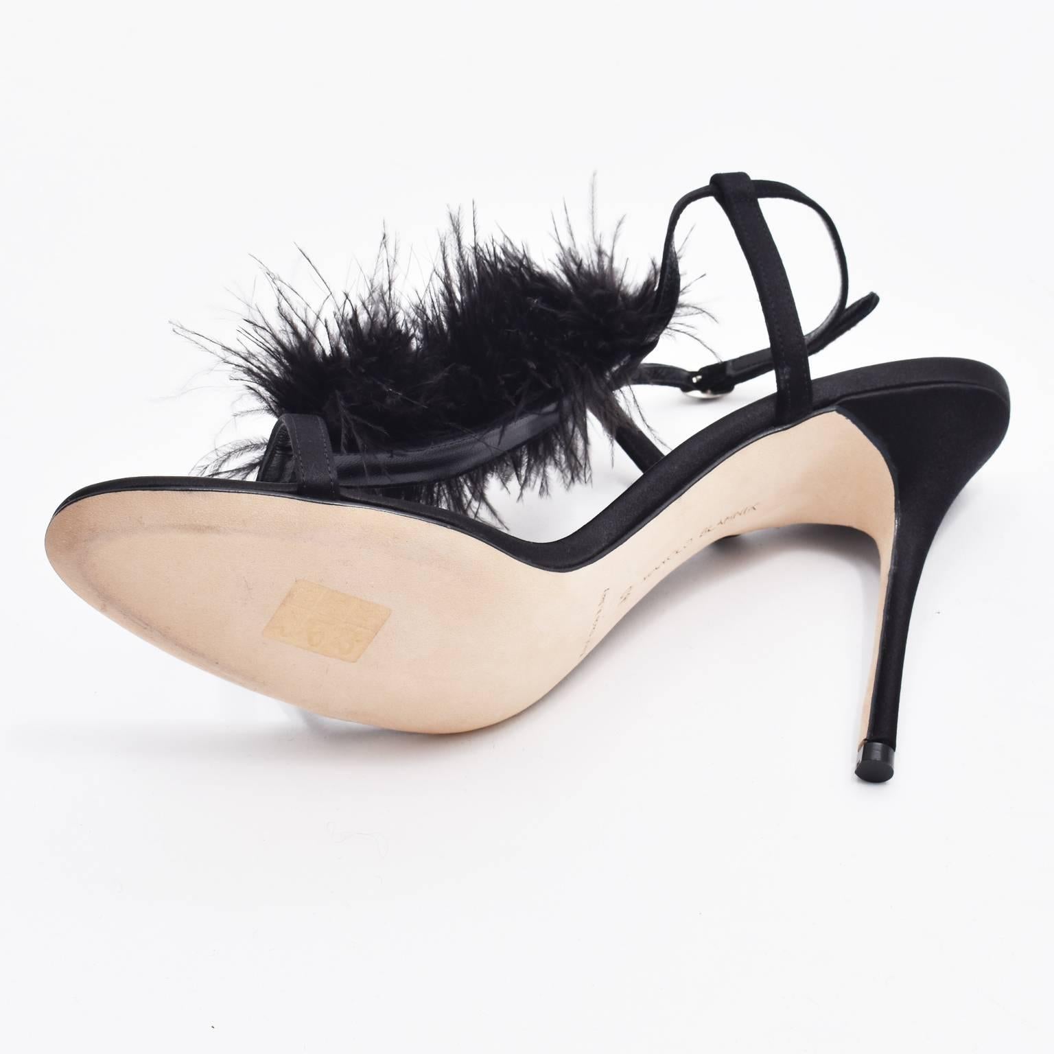 Women's Manolo Blahnik ‘Eila’ Black Leather and Ostrich Feather Detail Stiletto Heels
