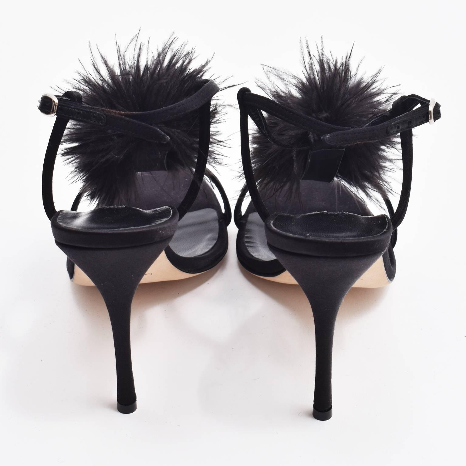 Manolo Blahnik ‘Eila’ Black Leather and Ostrich Feather Detail Stiletto Heels 1