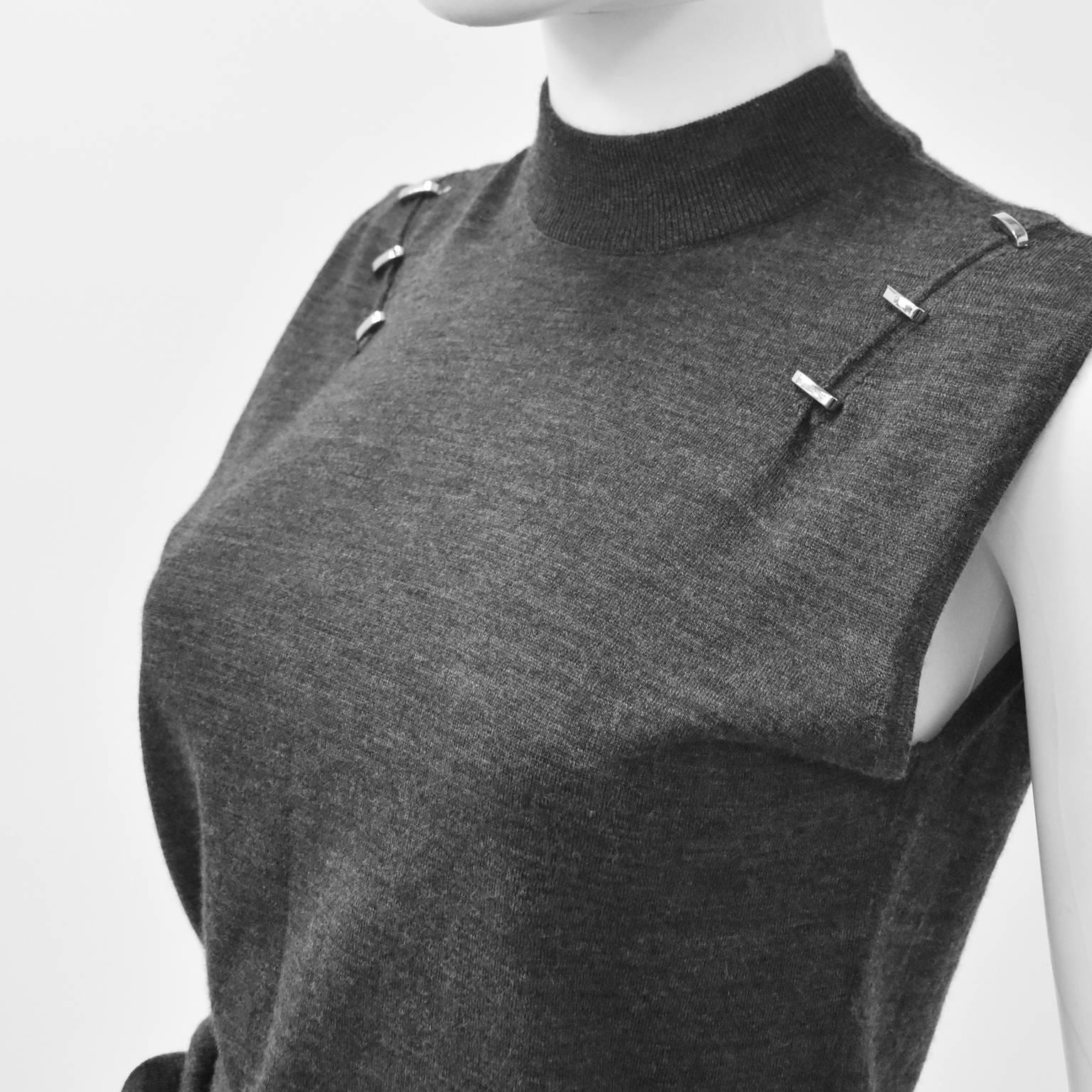 Black Paco Rabanne Grey Wool Knit Top with Silver Hardware Details For Sale