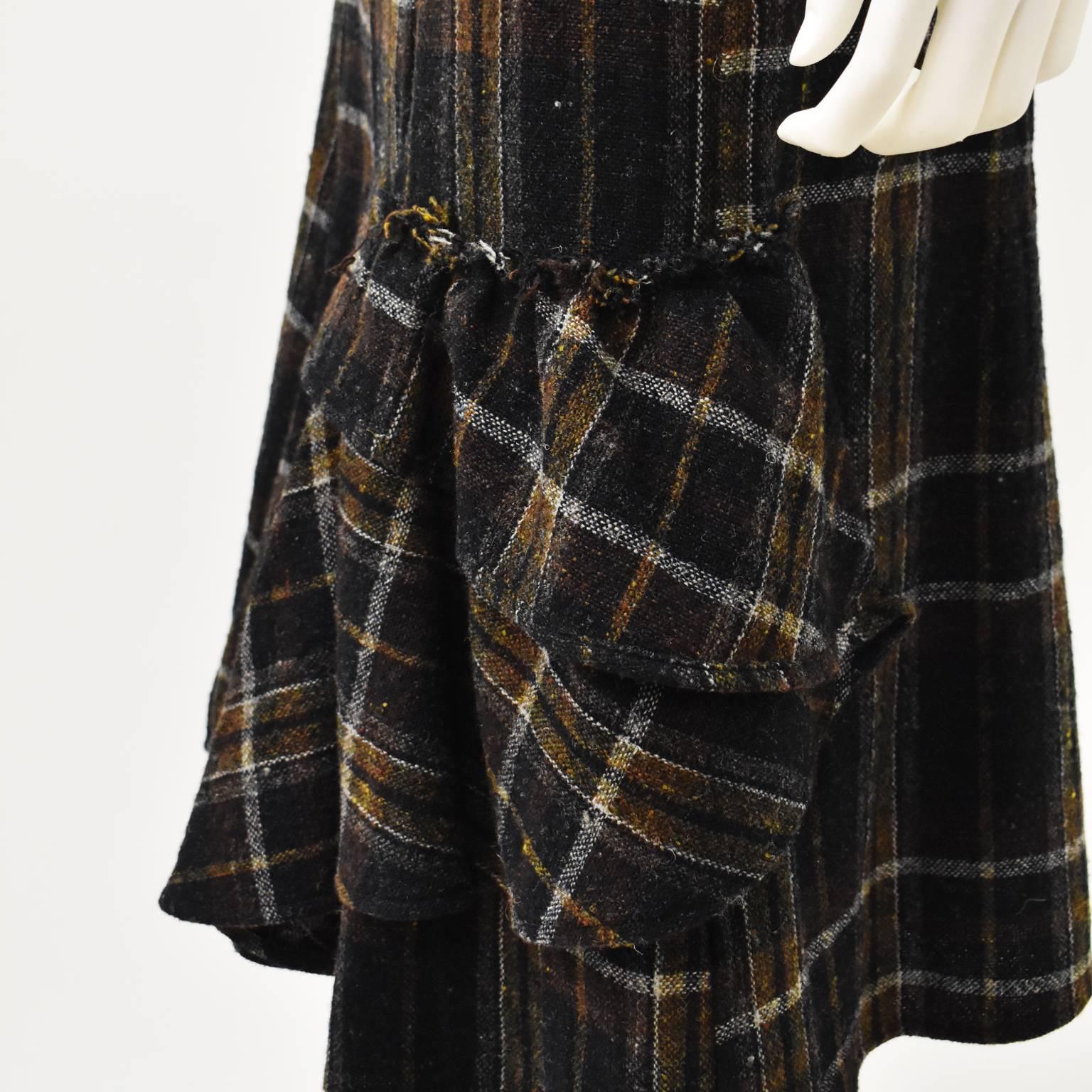 Y’s by Yohji Yamamoto Brown and Green Check Skirt with Ruffle Detail In Excellent Condition For Sale In London, GB