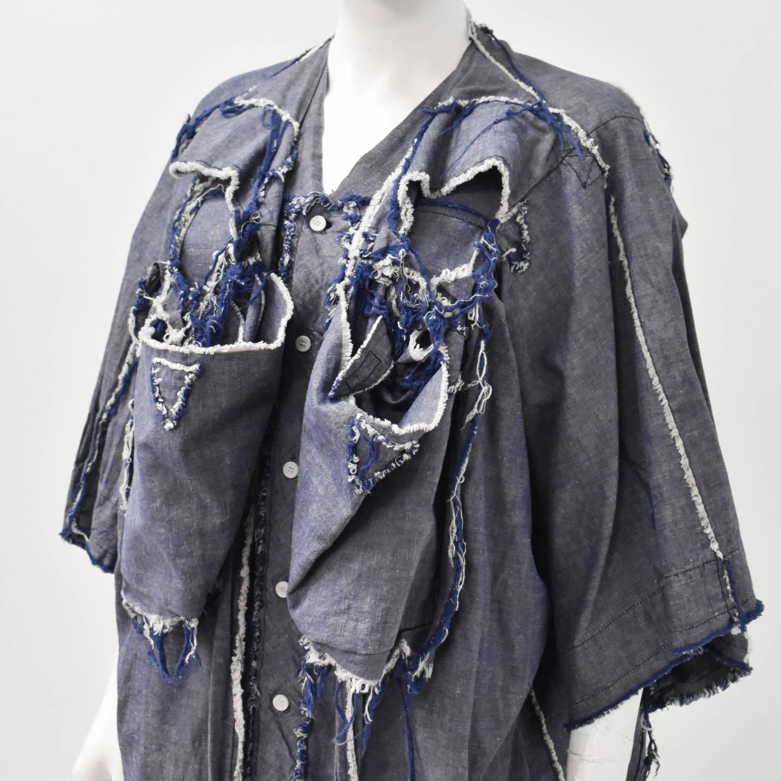 Gray Bernhard Willhelm Deconstructed Oversized Denim Shirt Dress with Raw Edges For Sale