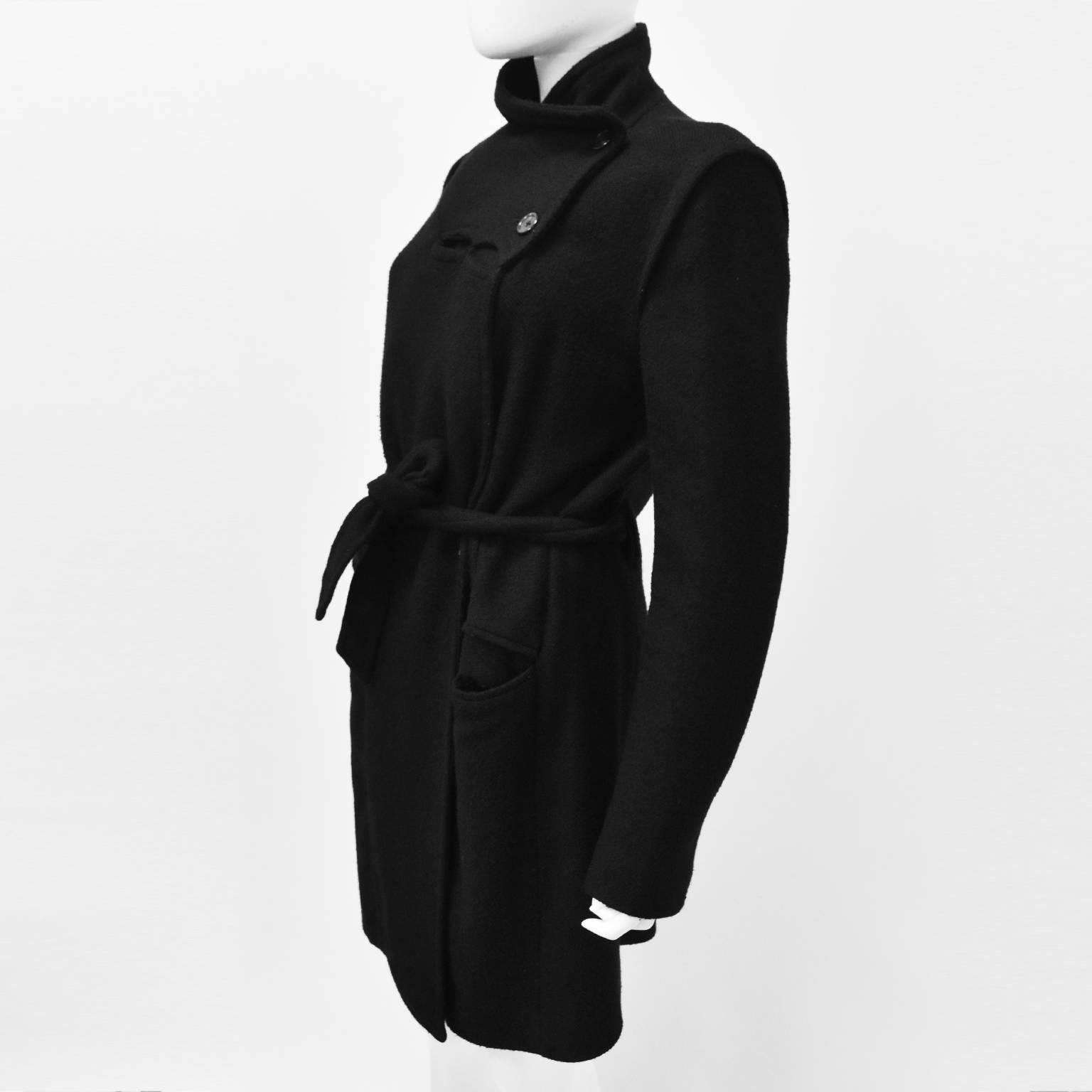 Women's Ann Demeulemeester Black Asymmetric Coat with Collar Details and Tie Waist 
