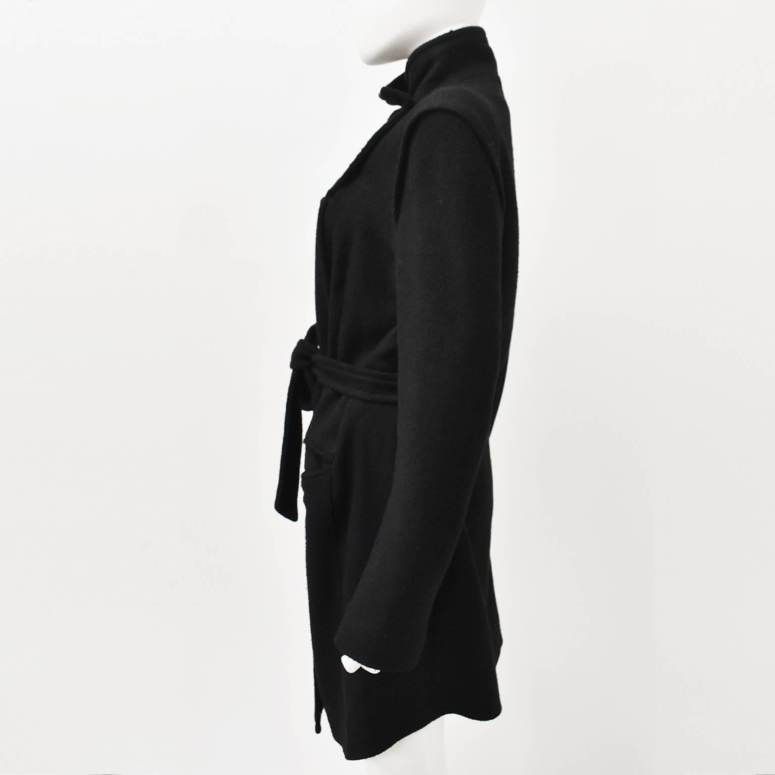 Ann Demeulemeester Black Asymmetric Coat with Collar Details and Tie Waist  2