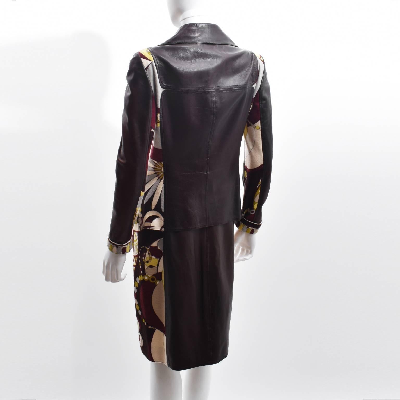 Black Emilio Pucci Brown Leather and Wool  Pucci Print Jacket and Skirt Suit For Sale