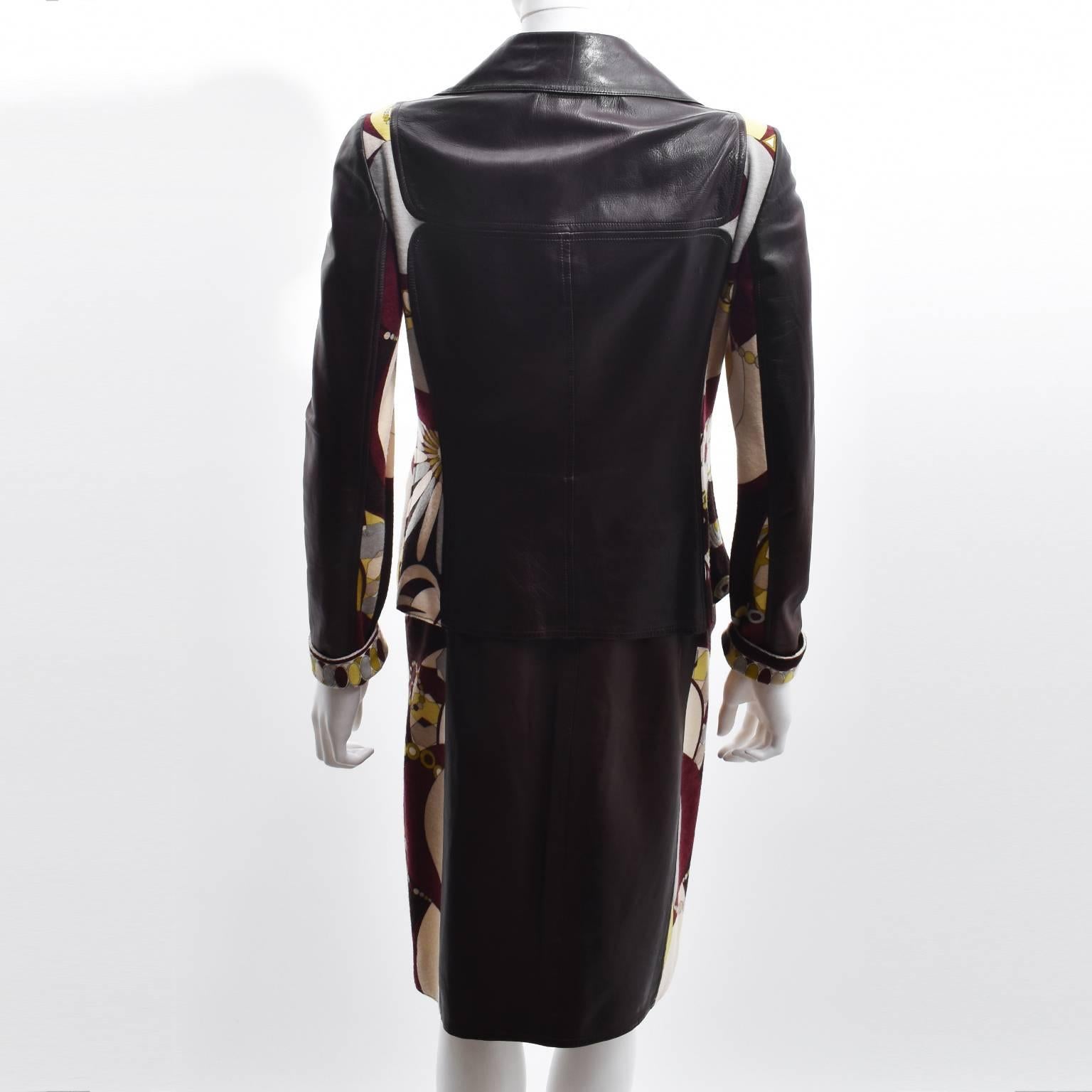 Emilio Pucci Brown Leather and Wool  Pucci Print Jacket and Skirt Suit In Good Condition For Sale In London, GB
