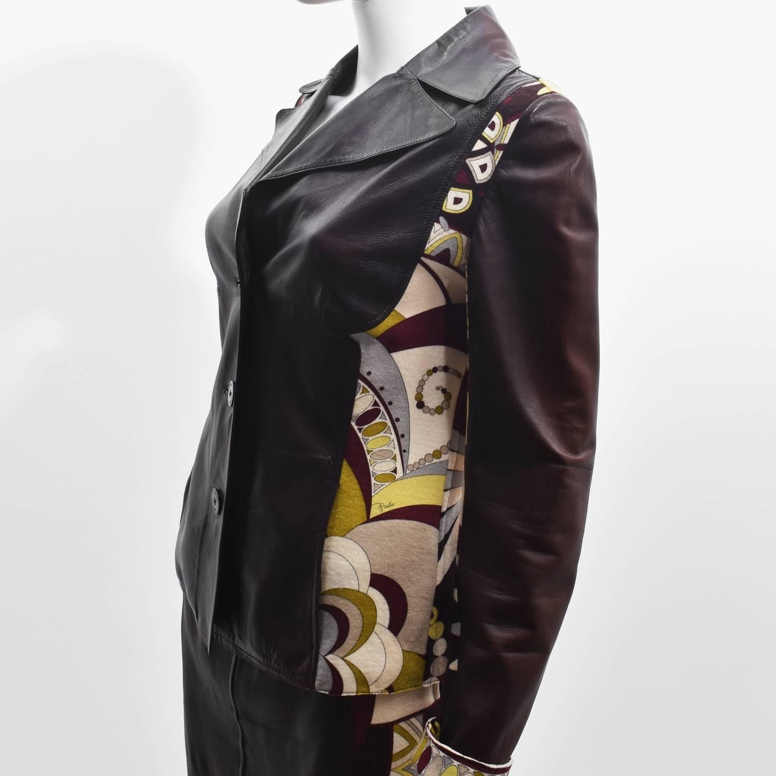 Women's Emilio Pucci Brown Leather and Wool  Pucci Print Jacket and Skirt Suit For Sale