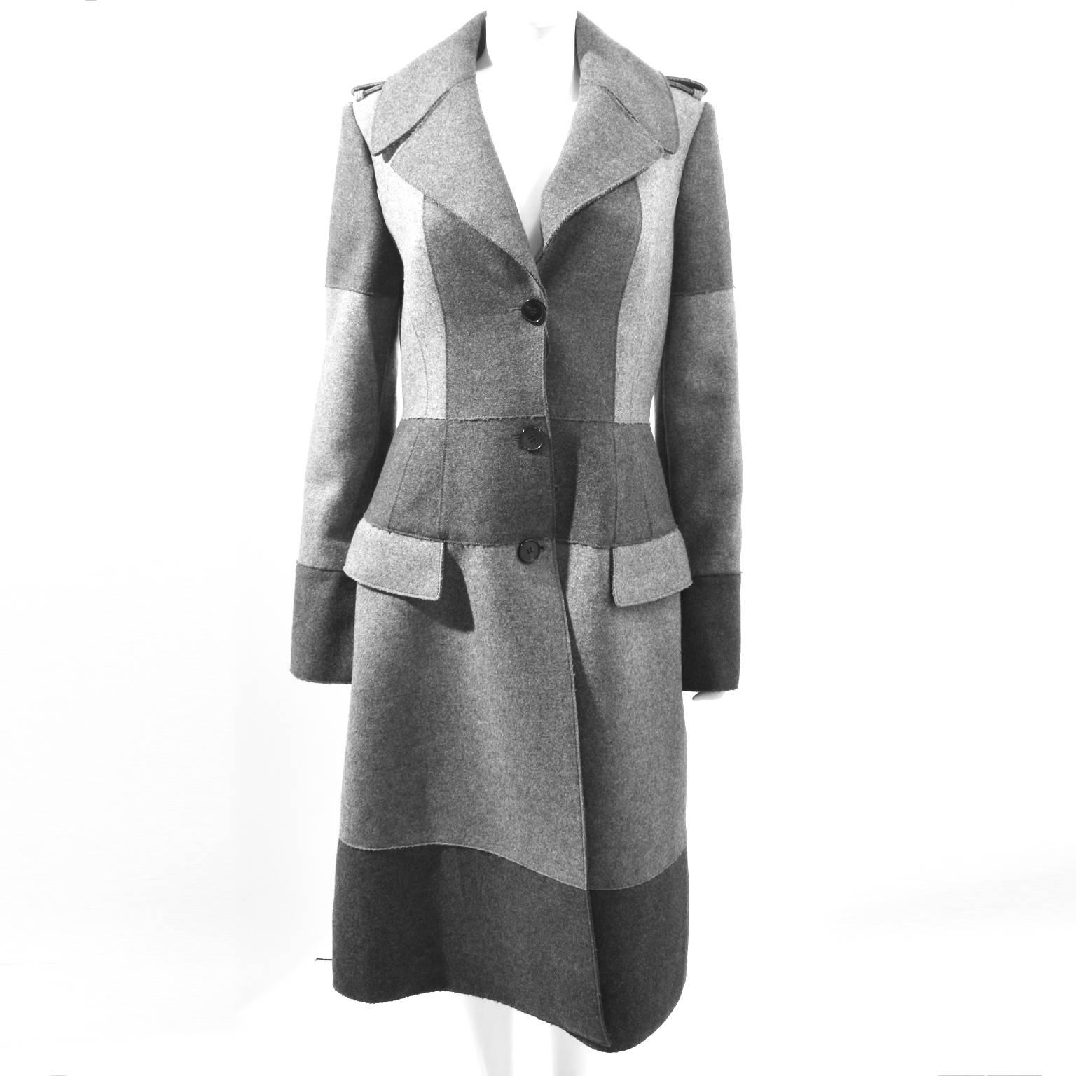 Alexander McQueen Grey Two-Tone Panelled Long Wool Coat 