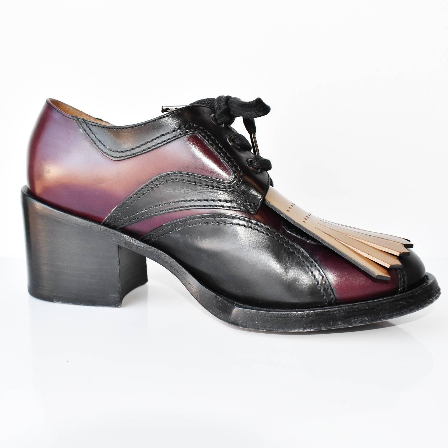 Dries Van Noten Kiltie Block-Heel Oxford Pump In Excellent Condition For Sale In London, GB