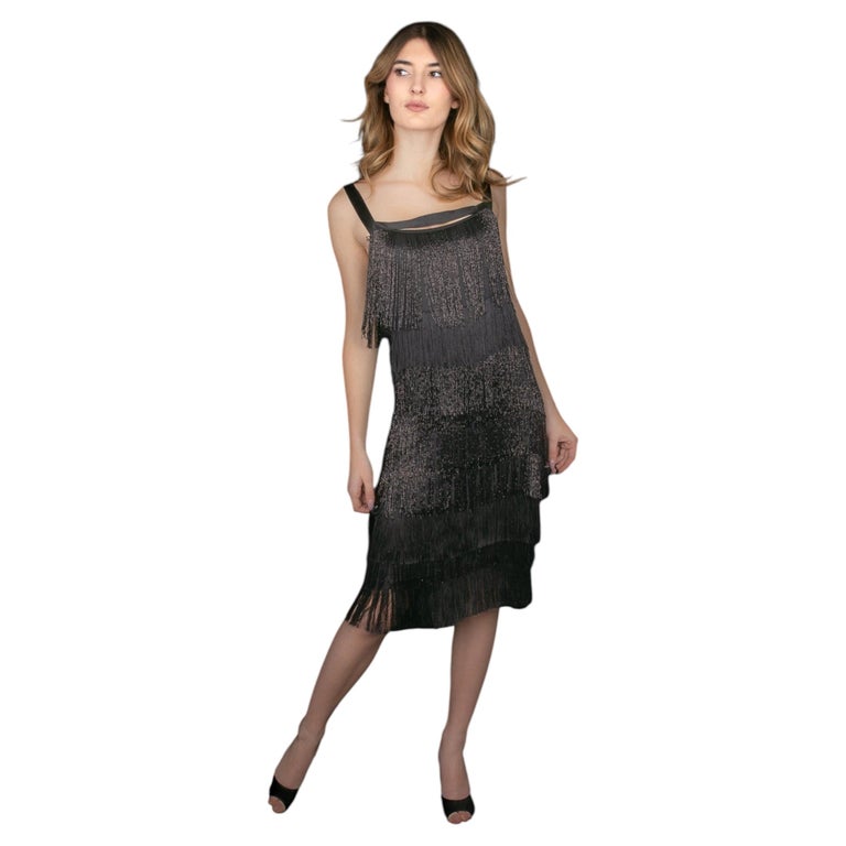 lanvin black dress Paris Vintage Silk 'Gatsby' with Fringes, 2005 For Sale at 1stDibs effect sleeves accented with instock: 2XS_6-8 A-Line One Shoulder Satin Color:Sunset Blooms
