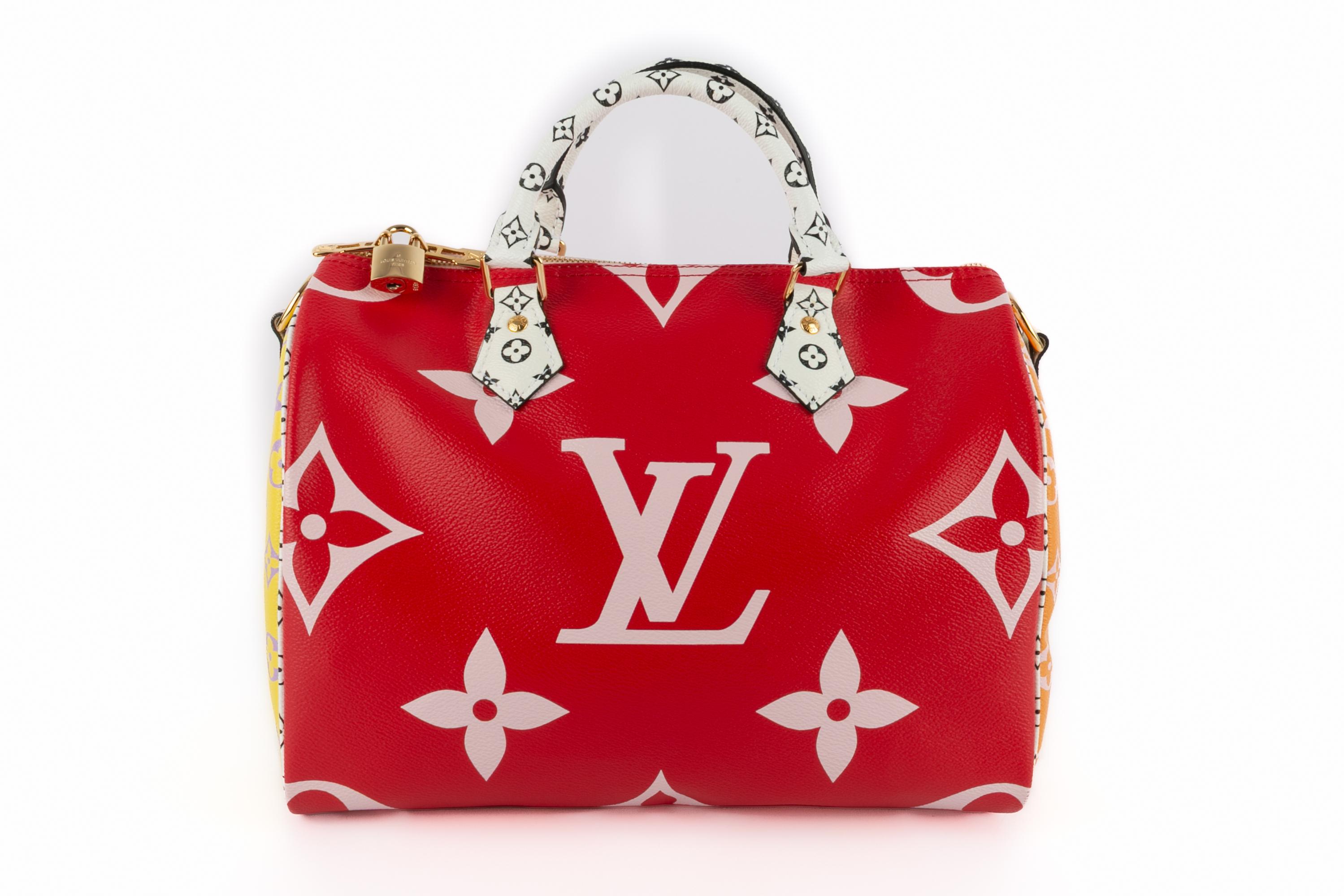 LOUIS VUITTON - (Made in France) Tasche aus beschichtetem Canvas mit Monogram in Rosa-, Rot-, Gelb- und Orangetönen; mit Naturleder, goldenem Messing, einem Vorhängeschloss mit Schlüssel und einem abnehmbaren, verstellbaren Riemen. Eine Collection'S