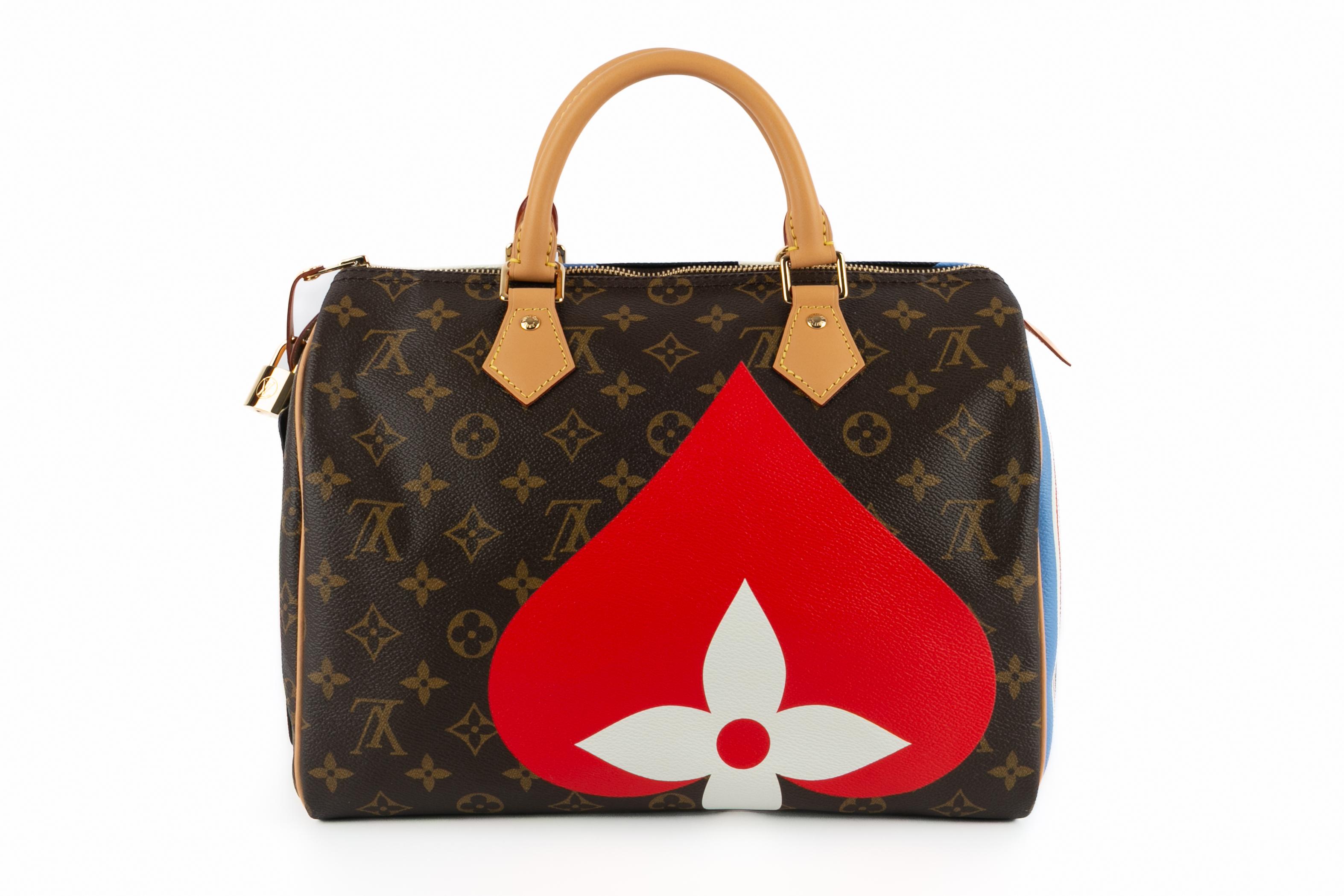 LOUIS VUITTON - Mehrfarbige 'Game' Tasche aus beschichtetem Canvas mit Monogrammen 30 Speedy, Naturleder, goldenem Messing, einem Vorhängeschloss mit Schlüssel und einem abnehmbaren Riemen. A 2020 Collection'S - limitierte Auflage.

Bedingung:
Sehr