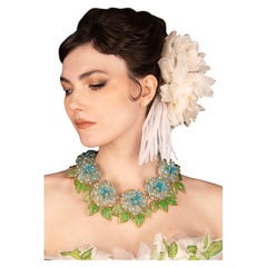 Augustine Paris Gilt Metal Necklace with Blue Glass Flowers, France