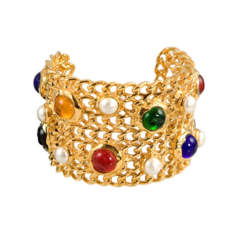 Chanel Gold Tone "Chain"and Poured Glass Cuff