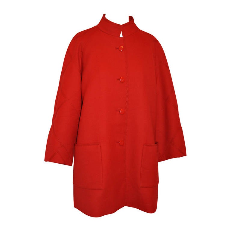 Italian-Red Fully Lined Wool Car Coat with Supreme Detailed Top-Stitching