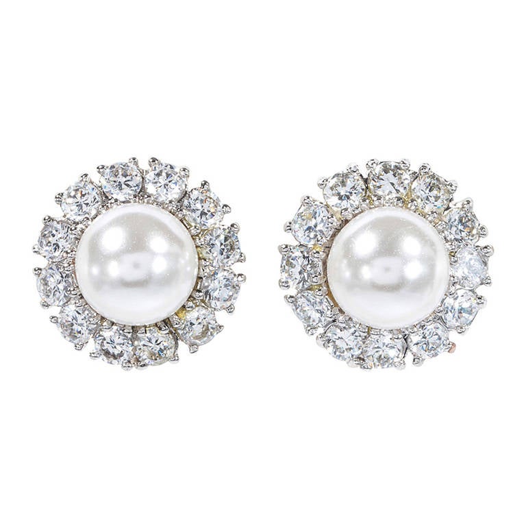 Faux Diamond Pearl Cluster Earclips For Sale at 1stDibs