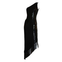 Bill Blass Sexy Vintage Black One-Shoulder Sequin Beaded Flapper Dress