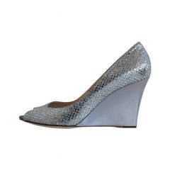 Jimmy Choo Silver Snakeskin Peeptoe Wedge