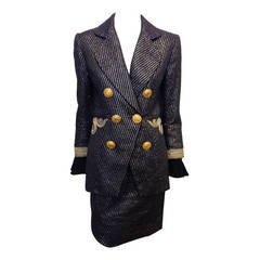 Vintage Christian Dior Navy Skirt Suit with Gold Embellishment