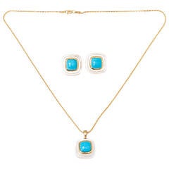 Turquoise Mother of Pearl Yellow Gold Pendant Necklace and Earring Set