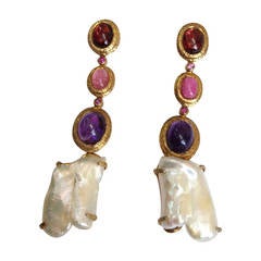 Mid Century Modern Multi Gem Gilt Silver Drop Earrings 3