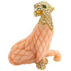 Carved Coral Diamond Panther Brooch