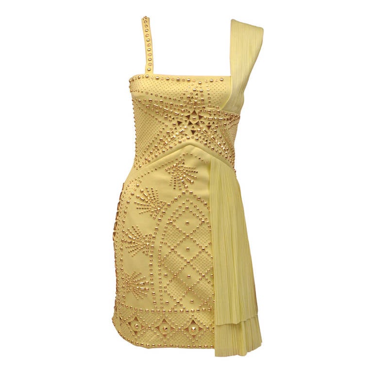 VERSACE Yellow studded plissé and scubajersey dress at 1stDibs