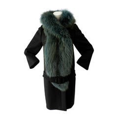 Prada Black Runway Coat with Teal Fur Front