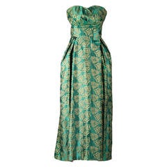 Vintage 1950's Helena Barbieri Green Silk Satin Brocade Dress