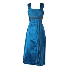 Vintage 1950's Sapphire Blue Parnes Feinstein Satin Dress