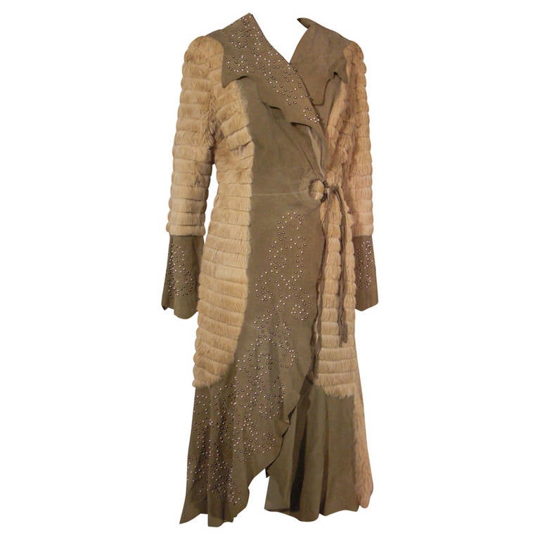 Roberto Cavalli Sheared Beaver Maxi Coat with Pearl Embellishment