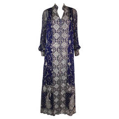 1970s Profils du Monde Saphire Blue Silk and Silver Sequin Embroidered Caftan